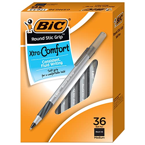 BIC Round Stic Grip Xtra Comfort Black Ballpoint Pens, Medium Point (1.2mm), 36-Count Pack, Perfect Writing Pens With Soft Grip for Superb Comfort and Control