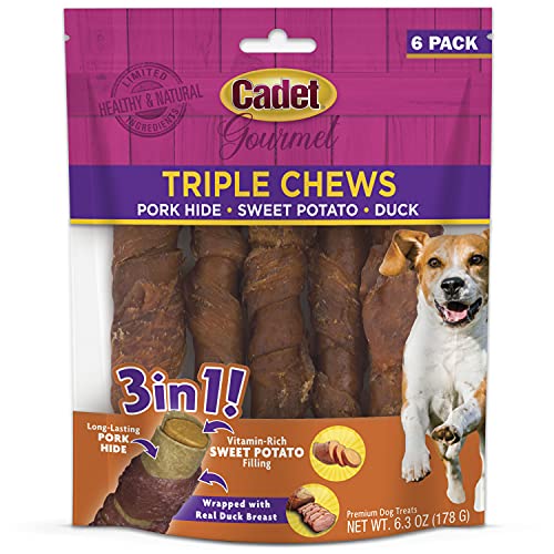 Cadet Gourmet Triple Chews Pork Hide, Sweet Potato, & Duck Dog Treats - Healthy Dog Treats for Small & Large Dogs - Inspected & Tested in USA (6 Count)