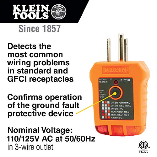 Klein Tools RT210 Outlet Tester, Receptacle Tester for GFCI / Standard North American AC Electrical Outlets, Detects Common Wiring Problems, Pack of 1, Factory