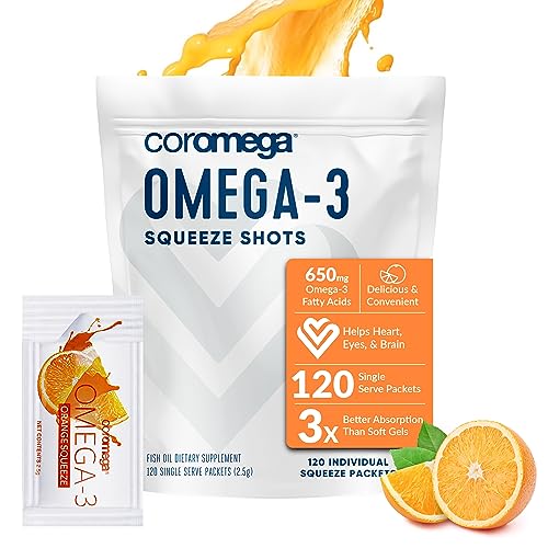 Coromega Omega 3 Fish Oil Supplement, 650mg of Omega-3s with 3X Better Absorption Than Softgels, Orange Flavor, 90 Single Serve Squeeze Packets