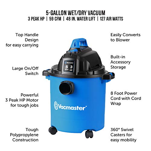 Vacmaster VJC507P 5-Gallon 3 Peak HP Wet/Dry Shop Vacuum, Blue, 5 gal