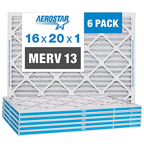Aerostar 16x20x1 MERV 13 Pleated Air Filter, AC Furnace Air Filter, 6 Pack (Actual Size 15 3/4x 19 3/4 x 3/4)