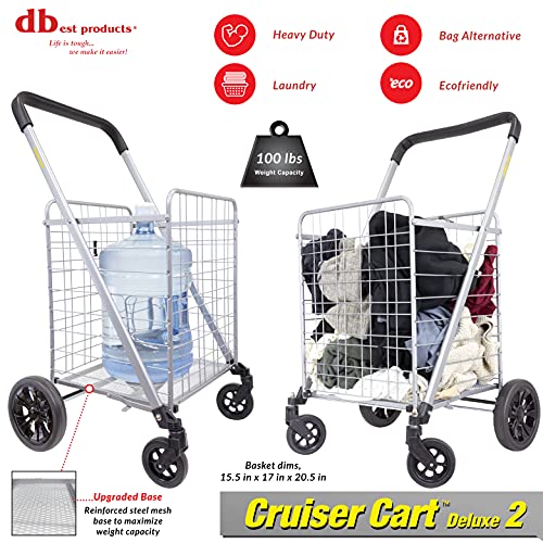 dbest products Cruiser Cart Deluxe 2 Shopping Grocery Rolling Folding Laundry Basket on Wheels Foldable Utility Trolley Compact Lightweight Collapsible, Silver