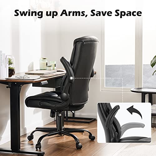 Office Chair - Ergonomic Executive Computer Desk Chairs with Adjustable Flip-up Armrest, Swivel Task Chair with Lumbar Support, Strong Metal Base, PU Leather, Black