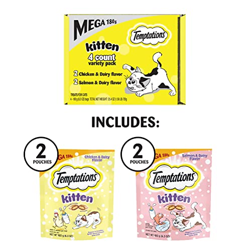 Temptations Kitten Treats, Chicken & Dairy and Salmon & Dairy, Crunchy and Soft Treat, 4-Pack Multipack (6.3 Ounce Per Pack)