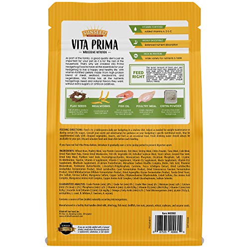 Sunseed Vita Prima Hedgehog Food - High-Protein Poultry, Seafood, and Mealworm Food Blend - Vitamin-Fortified for Happy and Healthy Hedgehogs 1.56 Pound (Pack of 1)