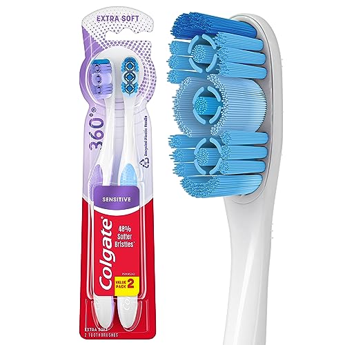 Colgate 360 Extra Soft Toothbrush for Sensitive Teeth and Gums with Tongue and Cheek Cleaner, 2 Pack