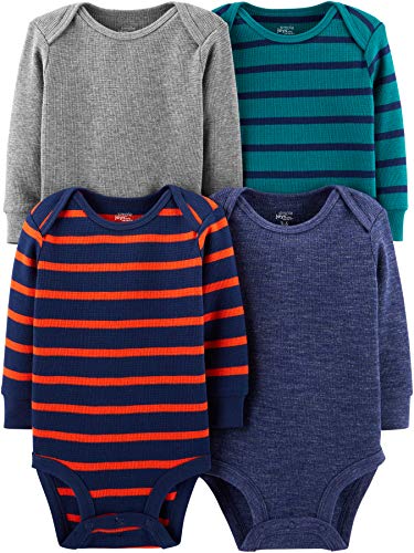 Simple Joys by Carters Baby Boys Long-Sleeve Thermal Bodysuits, Pack of 4, Blue Heather/Grey Heather/Stripe, Preemie