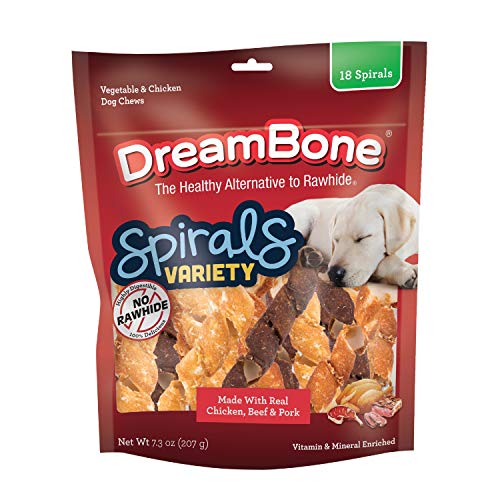 DreamBone Spirals Variety, Rawhide Free Dog Chew Sticks Made with Real Chicken Beef and Pork, 18 Count
