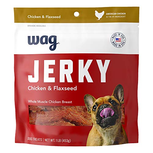 Amazon Brand – Wag Chewy Whole Muscle American Jerky Dog Treats – Chicken & Flaxseed (1 lb), Grain Free