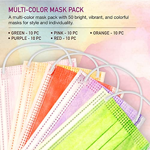 Unifandy Kid Face Mask, 50PC 3 Ply Disposable Face Mask Colorful Set for Children, Durable Nose Wire Earloop Protective Cover, Back to School Supplies