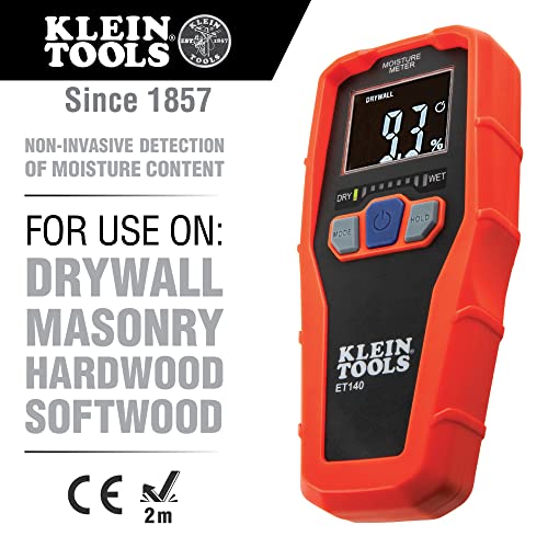Klein Tools ET140 Pinless Moisture Meter for Non-Destructive Moisture Detection in Drywall, Wood, and Masonry Detects up to 3/4-Inch Below Surface