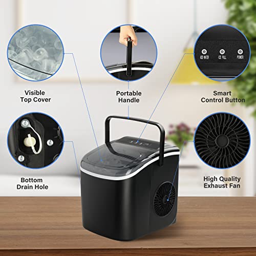 YSSOA Portable Ice Maker for Countertop, 9 Ice Cubes Ready in 6 Mins, 26lbs Ice/24Hrs, with Self-Cleaning Feature, Ice Spoon and Basket, for Home Kitchen Office Camper RV, Black