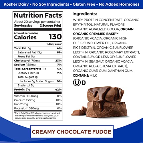 Orgain Whey Protein Powder, Creamy Chocolate Fudge - 21g Grass Fed Dairy Protein, Gluten Free, Soy Free, No Sugar Added, Kosher, No Added Hormones or Carrageenan, For Smoothies & Shakes - 1.82lb