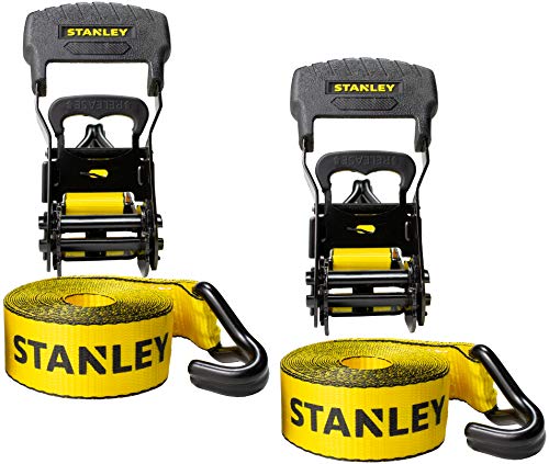 STANLEY S1007 Black/Yellow 1.5 x 16 Ratchet Tie Down Straps - Heavy Cargo Securing (3,300 lbs Break Strength), 2 Pack