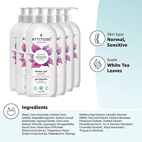 ATTITUDE Body Wash, EWG Verified, Plant- and Mineral-based Ingredients, Vegan and Cruelty-free Beauty and Personal Care Products, White Tea Leaves, 32 Fl Oz