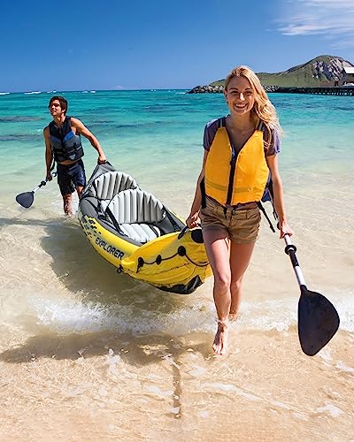 INTEX 68307EP Explorer K2 Inflatable Kayak Set Includes Deluxe 86in Aluminum Oars and High-Output Pump – SuperStrong PVC – Adjustable Seats with Backrest – 2-Person – 400lb Weight Capacity