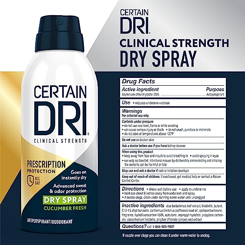 Certain Dri Prescription Strength Clinical Antiperspirant Deodorant Dry Spray for Men and Women, Fast Acting Protection from Excessive Sweating, Cucumber Fresh Scent, 4.2 oz