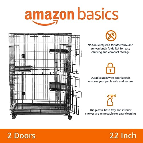 Amazon Basics Large 3-Tier Cat Cage Playpen Box Crate Kennel - 35.8L x 22.4W x 50.6H, Black