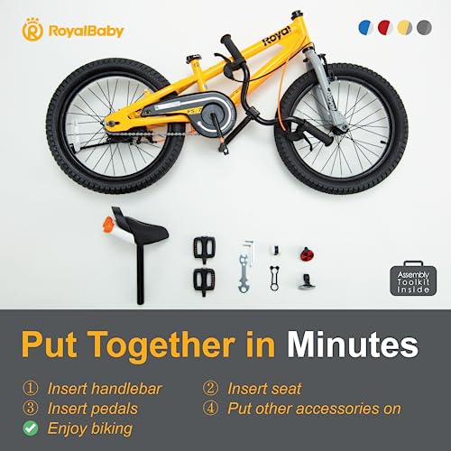 Royalbaby Freestyle 7 Kids Bike 18 Inch Wheel Dual Handbrakes Bicycle Beginners Boys Girls Ages 5-8 Years, Kickstand and Water Bottle Included, Yellow