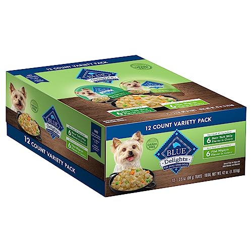 Blue Buffalo Delights Natural Adult Small Breed Wet Dog Food Cups Variety Pack, in Hearty Gravy, Filet Mignon & New York Strip 3.5-oz Cups (12 count - 6 of each Flavor)