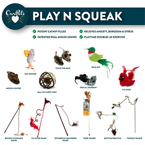 OurPets Play-N-Squeak Real Birds Interactive Cat Toys with Catnip (Cat Toys for Indoor Cats, Catnip Toys, Catnip Toys for Cats with Bird Chirping Electronic Sound and Feather)