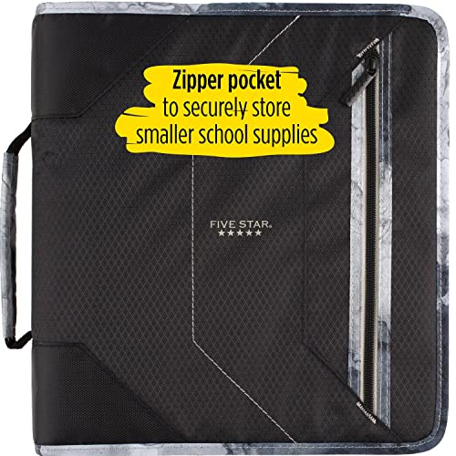 Five Star Zipper Binder, 2 Inch 3-Ring Binder for School, 380 Sheet Capacity, 3 Removable Tabbed File Folders, Black/Gray (29036IT8)