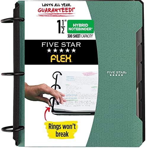 Five Star Flex Refillable Notebook + Study App, College Ruled Paper, 1-1/2 Inch TechLock Rings, Pockets, Tabs and Dividers, 300 Sheet Capacity, Black (29324AA2)