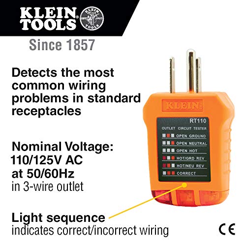 Klein Tools RT110 Outlet Tester, AC Electrical Receptacle Tester for North American Outlets