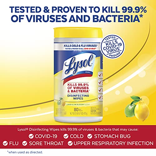 Lysol Disinfectant Wipes Multi-Surface Antibacterial Cleaning Wipes For Disinfecting and Cleaning Lemon and Lime Blossom 80 Count (Pack of 2)