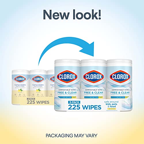 Clorox Free & Clear Compostable Cleaning Wipes, Light Lemon Scent, 75 Count, Pack of 3 (Pack May Vary)