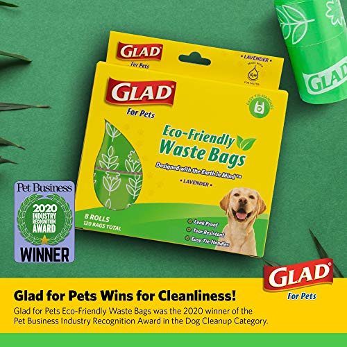 Glad Eco Friendly Waste Bags | 8 Rolls of Lavender Scented 120 Bags in Total for All Dogs, Leak Proof and Strong Poop Bags