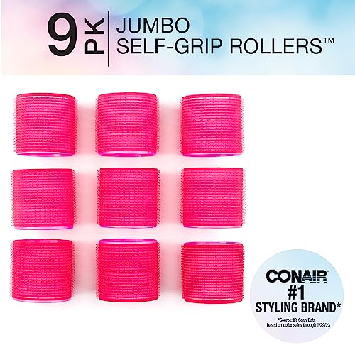 Conair Self Grip Extra Large Hair Rollers, Hair Curlers, Self Grip Hair Rollers, Hot Pink, 9 Pack with Storage Bag