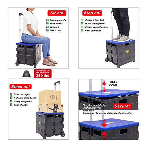 dbest products Quik Cart Collapsible Rolling Crate on Wheels for Teachers Tote Basket, 80 lbs Capacity, Blue Lid Made from Heavy Duty Plastic and used as a Seat