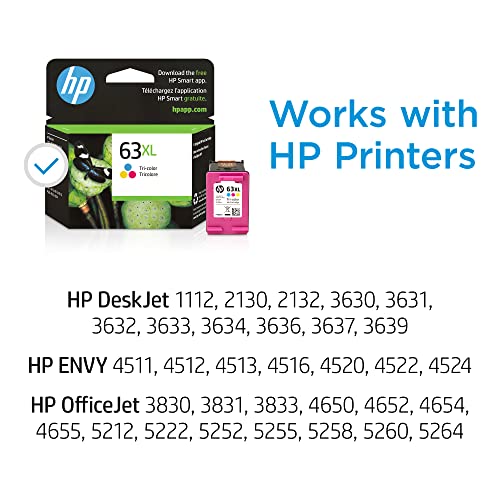 HP 63XL Tri-color High-yield Ink | Works with HP DeskJet 1112, 2130, 3630 Series HP ENVY 4510, 4520 Series HP OfficeJet 3830, 4650, 5200 Series | Eligible for Instant Ink | F6U63AN