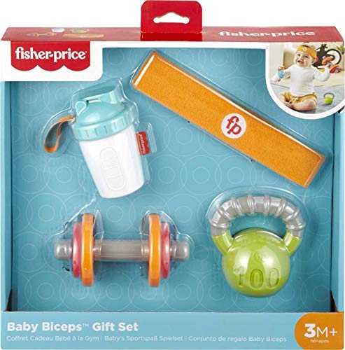 Fisher-Price Teething & Rattle Toys Baby Biceps Gift Set, Gym-Themed For Infant Fine Motor & Sensory Play, 4 Pieces