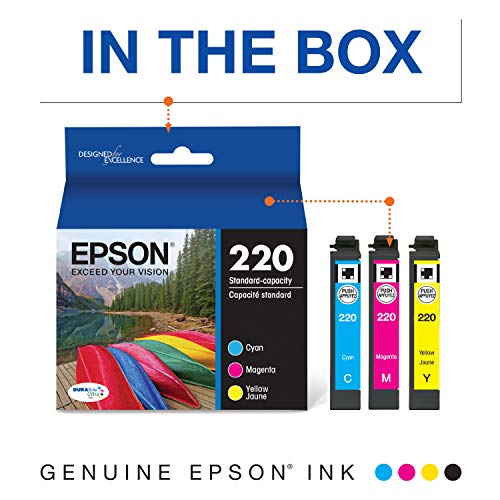 EPSON T220 DURABrite Ultra -Ink Standard Capacity Color Combo Pack (T220520-S) for select Epson Expression and WorkForce Printers, Cyan yellow magenta