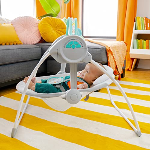 Bright Starts Portable Automatic 6-Speed Baby Swing with Adaptable Speed, Taggies, Music, Removable -Toy Bar, 0-9 Months 6-20 lbs (Whimsical Wild)