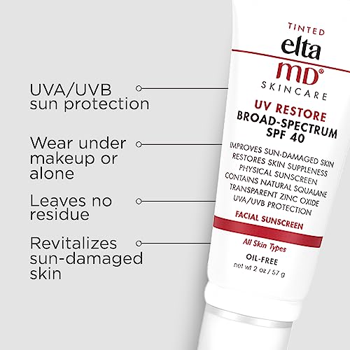 EltaMD UV Restore Tinted Face Sunscreen, SPF 40 Tinted Mineral Sunscreen for Sun Damaged Skin Repair, Improves Skin Suppleness and Moisture Retention, Dermatologist Recommended, 2 oz Tube