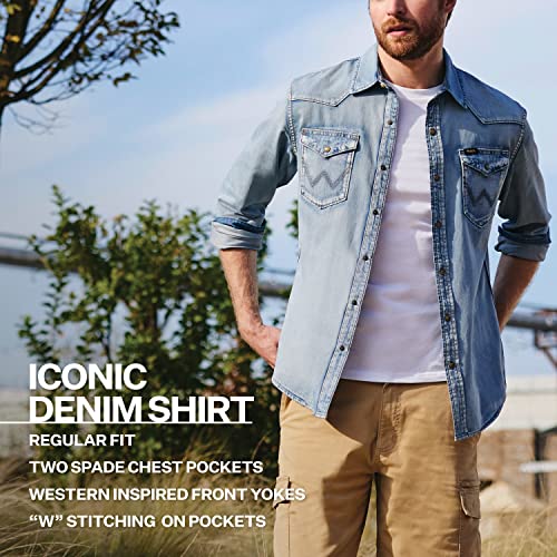 Wrangler Mens Iconic Denim Regular Fit Snap Shirt, Grit Wash, Large