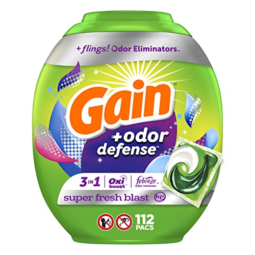 Gain Flings Laundry Detergent Pacs with Odor Defense, Super Fresh HE 3in1 Detergent Pacs with Febreze and Oxi, 112 count