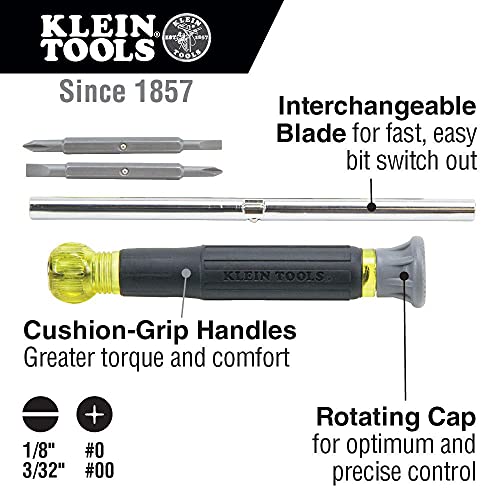 Klein Tools 32581 4-in-1 Electronics Screwdriver Set with Precision Machines Bits 2 Slotted, 2 Phillips, and Cushion Grip Handles, 4-Piece