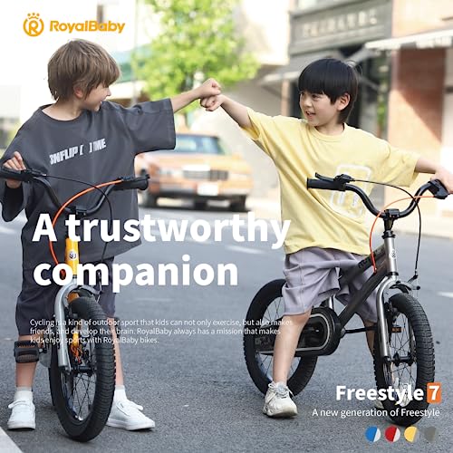 Royalbaby Freestyle 7 Kids Bike 18 Inch Wheel Dual Handbrakes Bicycle Beginners Boys Girls Ages 5-8 Years, Kickstand and Water Bottle Included, Yellow