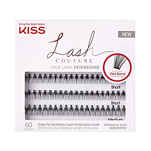 KISS Lash Couture Faux Lash Extensions, Style Venus, Exclusive Flat-Band Technology, Short & Medium Length, 60 Individual Lash Clusters
