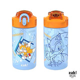 Zak Designs Sonic the Hedgehog Kids Water Bottle For School or Travel, 16oz 2-Pack Durable Plastic Water Bottle With Straw, Handle, and Leak-Proof, Pop-Up Spout Cover (Sonic, Tails)