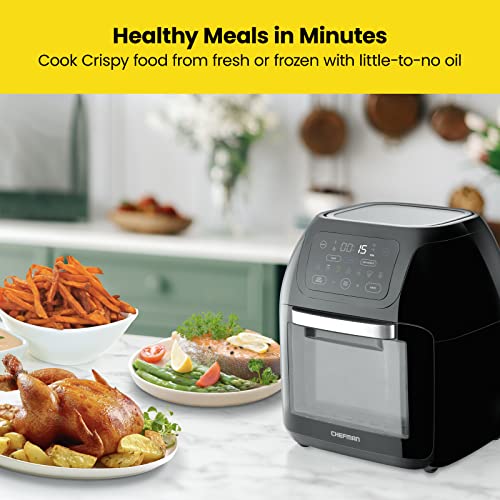 CHEFMAN ExacTemp™ 12 Quart 5-in-1 Air Fryer with Integrated Smart Cooking Thermometer, 28 Touchscreen Presets, Rotisserie, Dehydrator, Bake, XL Convection Oven with Auto Shutoff, Black