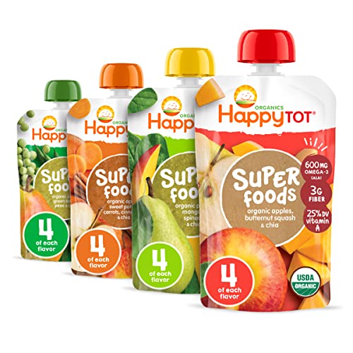HAPPYTOT Organics Super Foods Stage 4, Super Foods Variety Pack, 4.22 Ounce Pouch (Pack of 16) packaging may vary