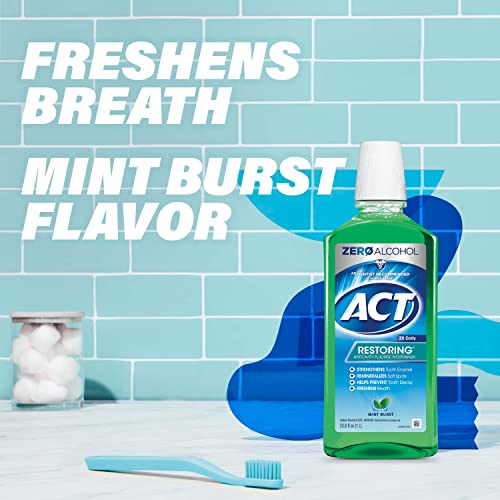ACT Restoring Zero Alcohol Fluoride Mouthwash 33.8 fl. oz. Strengthens Tooth Enamel, Mint Burst