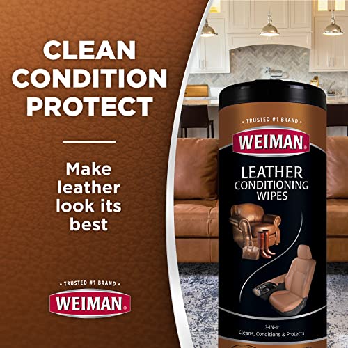 Weiman Leather Cleaner & Conditioner Wipes With UV Protection, Prevent Cracking Or Fading Of Leather Couches, Car Seats, Shoes, Purses - 30 ct