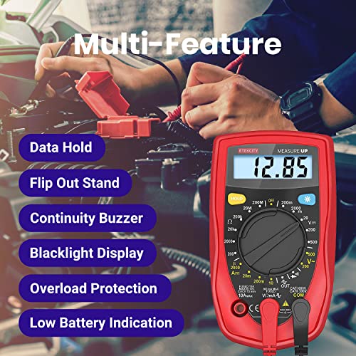 Etekcity Digital Multimeter Voltmeter TRMS 6000 Counts, AC DC Voltage Meter and Current Tester with Volt, Ohm, Amp, Diode, Capacitance, Frequency, Temperature, NCV, for Automotive, Red, MSR-A2000